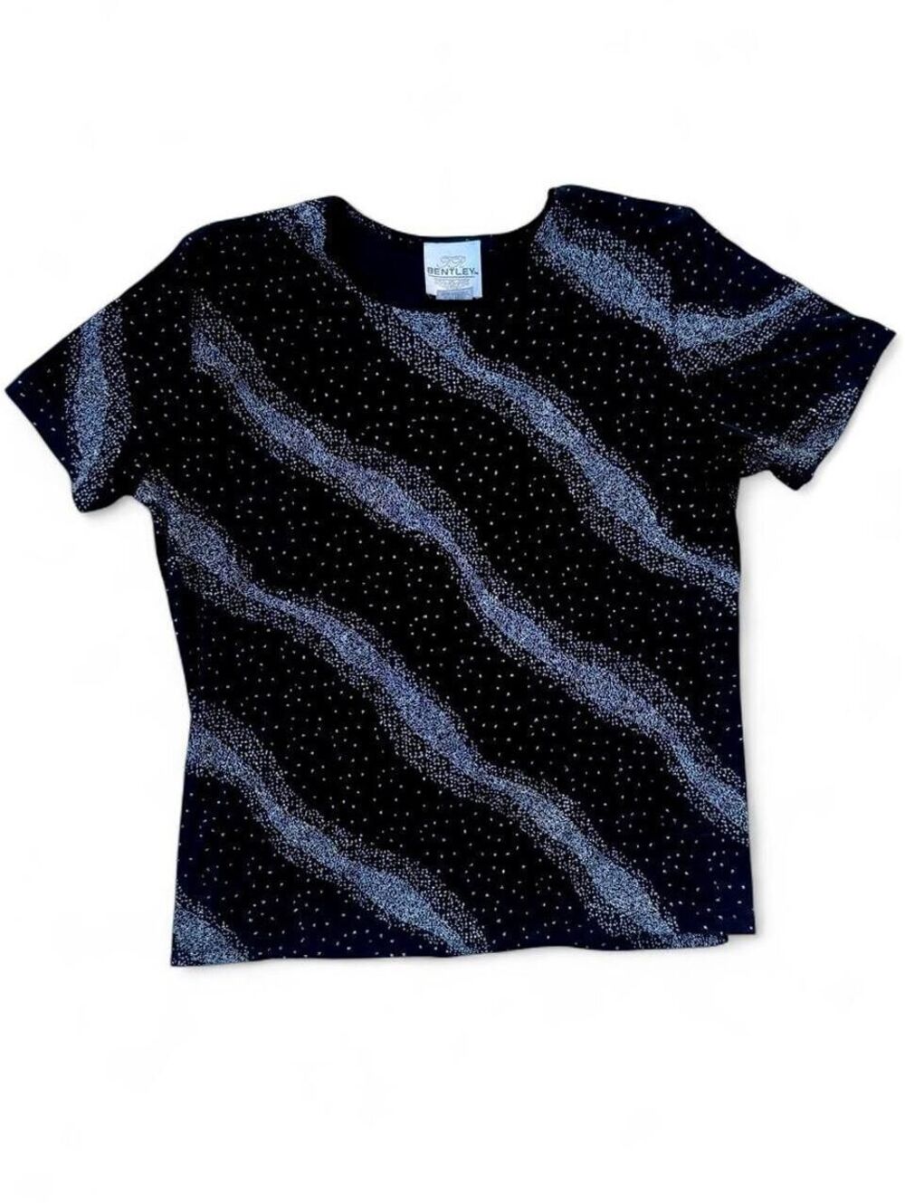 Vintage black mesh baby tee with silver glitter metallic abstract design